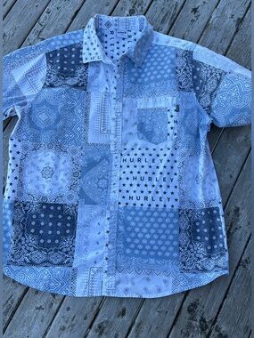 Hurley Men’s Light Blue Patchwork Bandana Button-Up Shirt